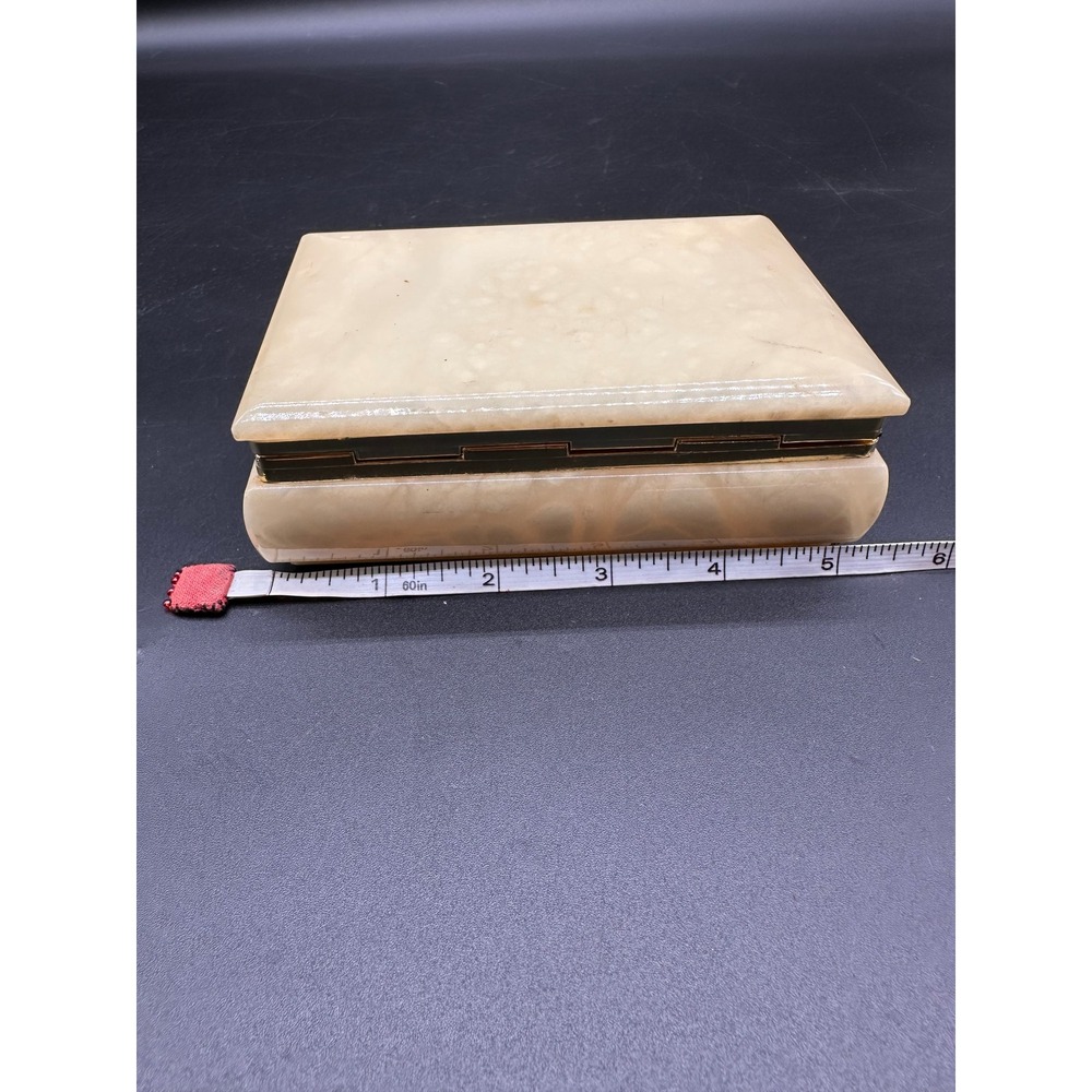 Vintage Alabaster Stone Trinket Box Cream Marble Hinged Jewelry Case Gold Trim